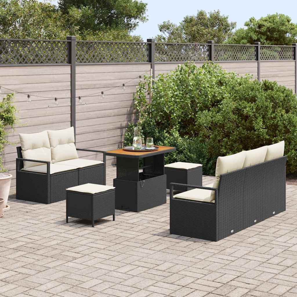 Havesofa Sæt med pude 8 pcs Sort polyrattan