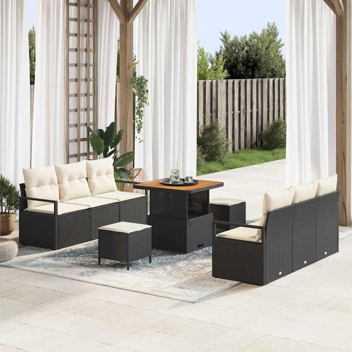 Havesofa Sæt med pude 9 pcs Sort polyrattan
