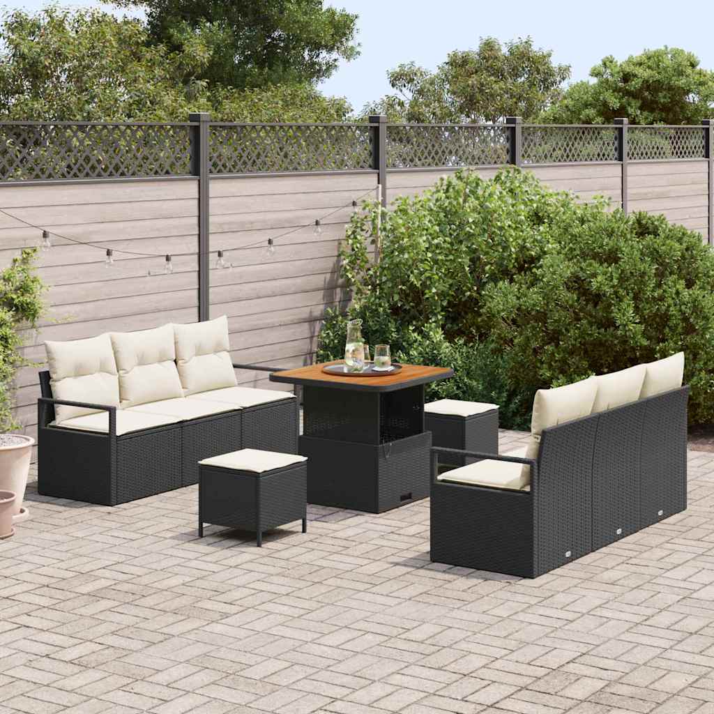 Havesofa Sæt med pude 9 pcs Sort polyrattan