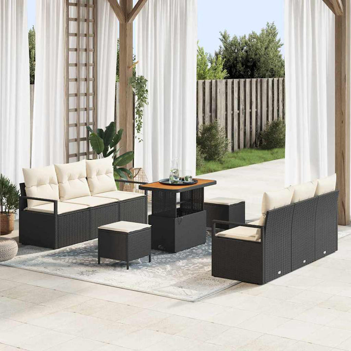 Havesofa Sæt med pude 9 pcs Sort polyrattan