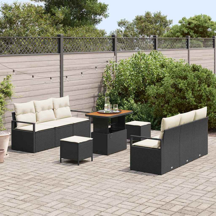 Havesofa Sæt med pude 9 pcs Sort polyrattan