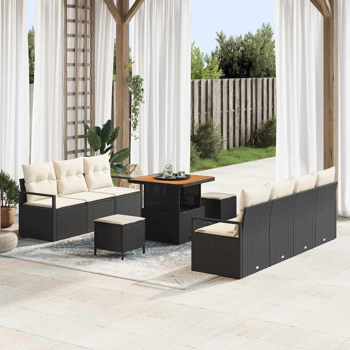 Havesofa Sæt med pude 10 pcs Sort polyrattan
