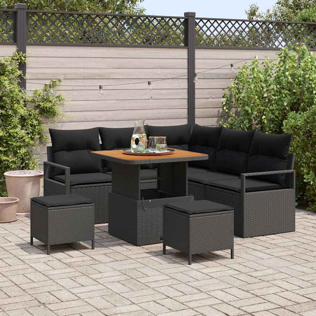 Havesofa Sæt med pude 8 pcs Sort polyrattan