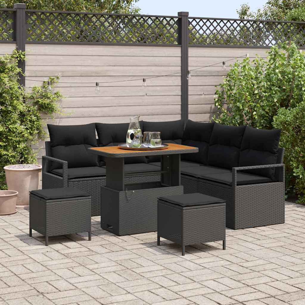 Havesofa Sæt med pude 8 pcs Sort polyrattan