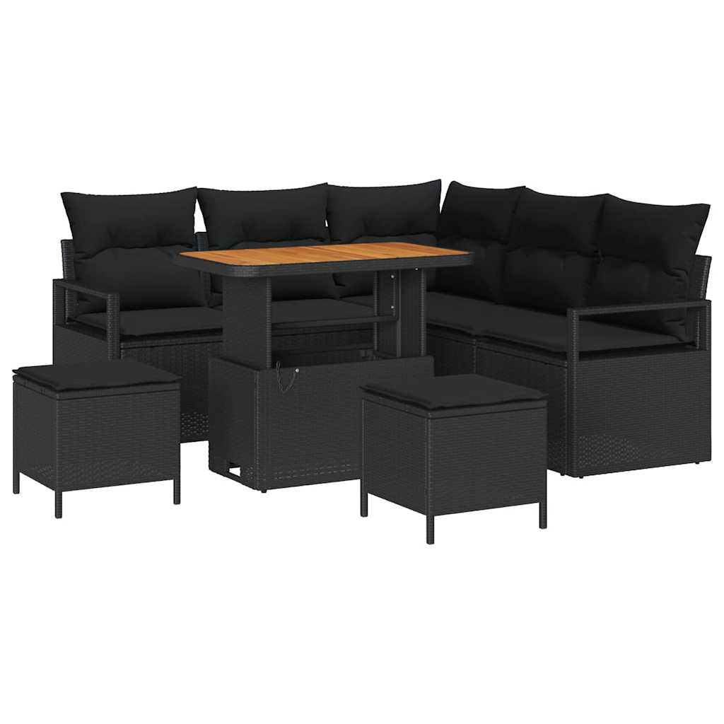 Havesofa Sæt med pude 8 pcs Sort polyrattan