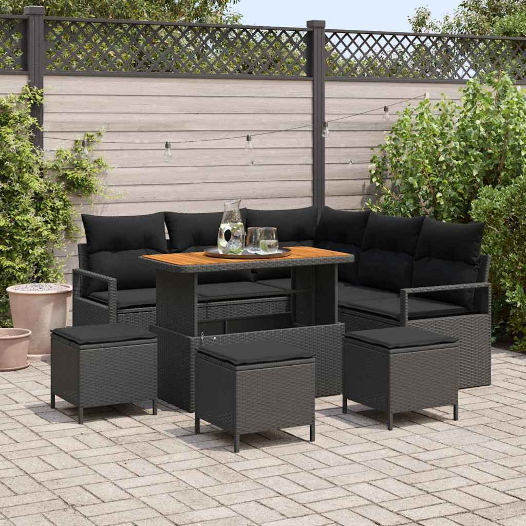 Havesofa Sæt med pude 9 pcs Sort polyrattan