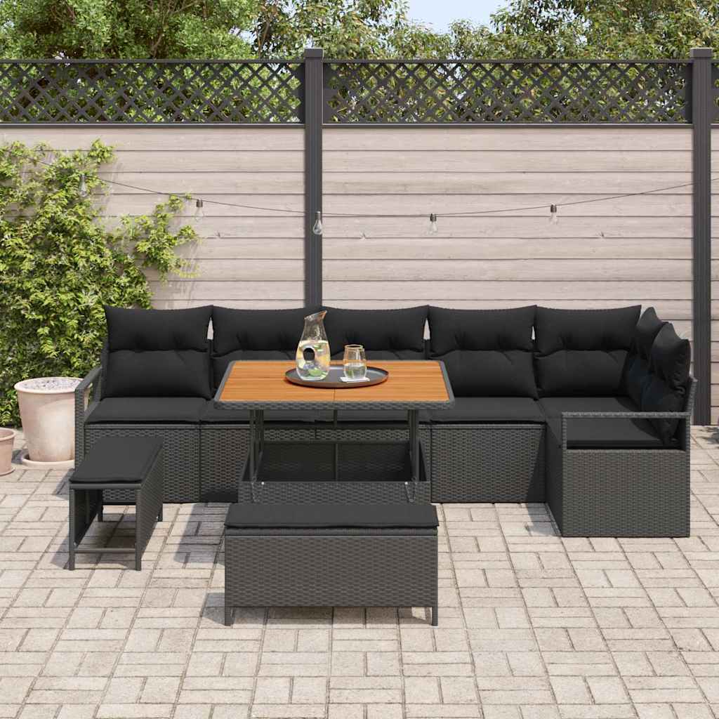 Havesofa Sæt med pude 9 pcs Sort Poly rattan