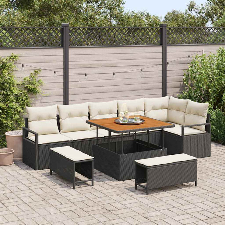 Havesofa Sæt med pude 9 pcs Sort Poly rattan