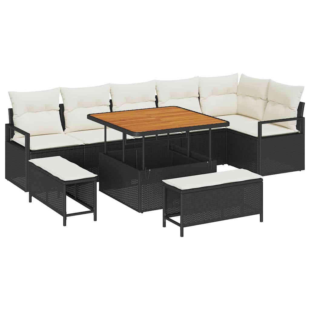 Havesofa Sæt med pude 9 pcs Sort Poly rattan