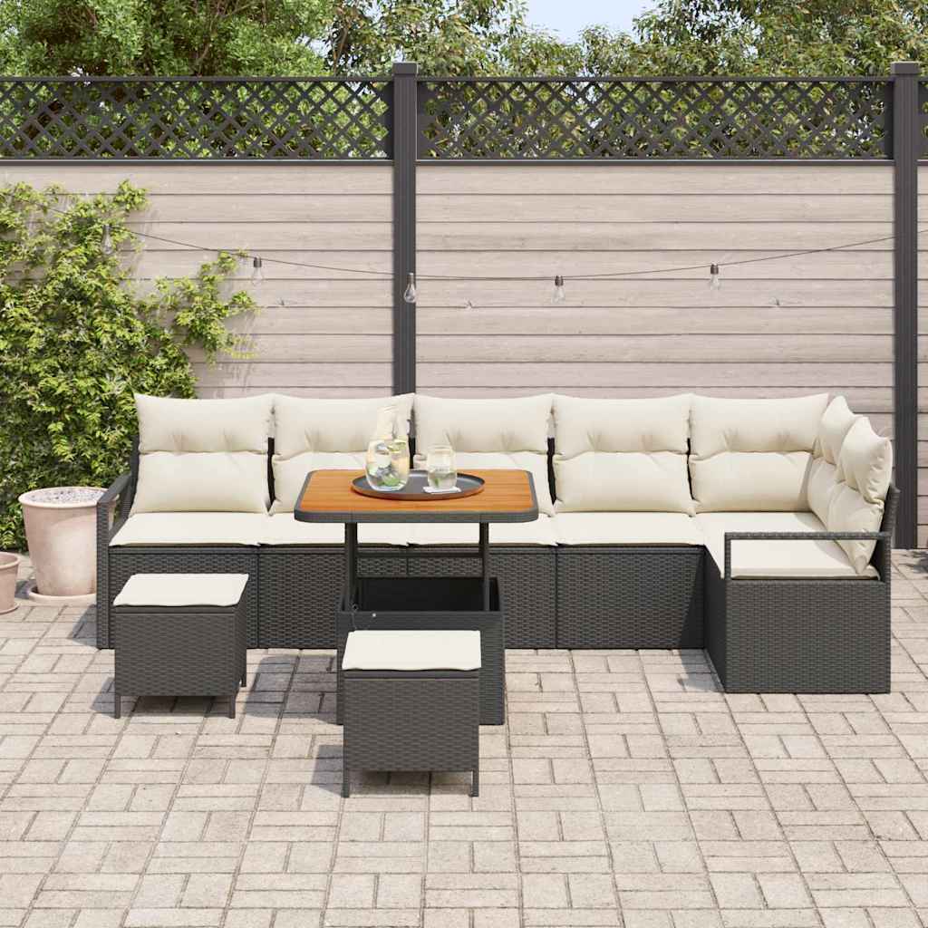 Havesofa Sæt med pude 9 pcs Sort Poly rattan