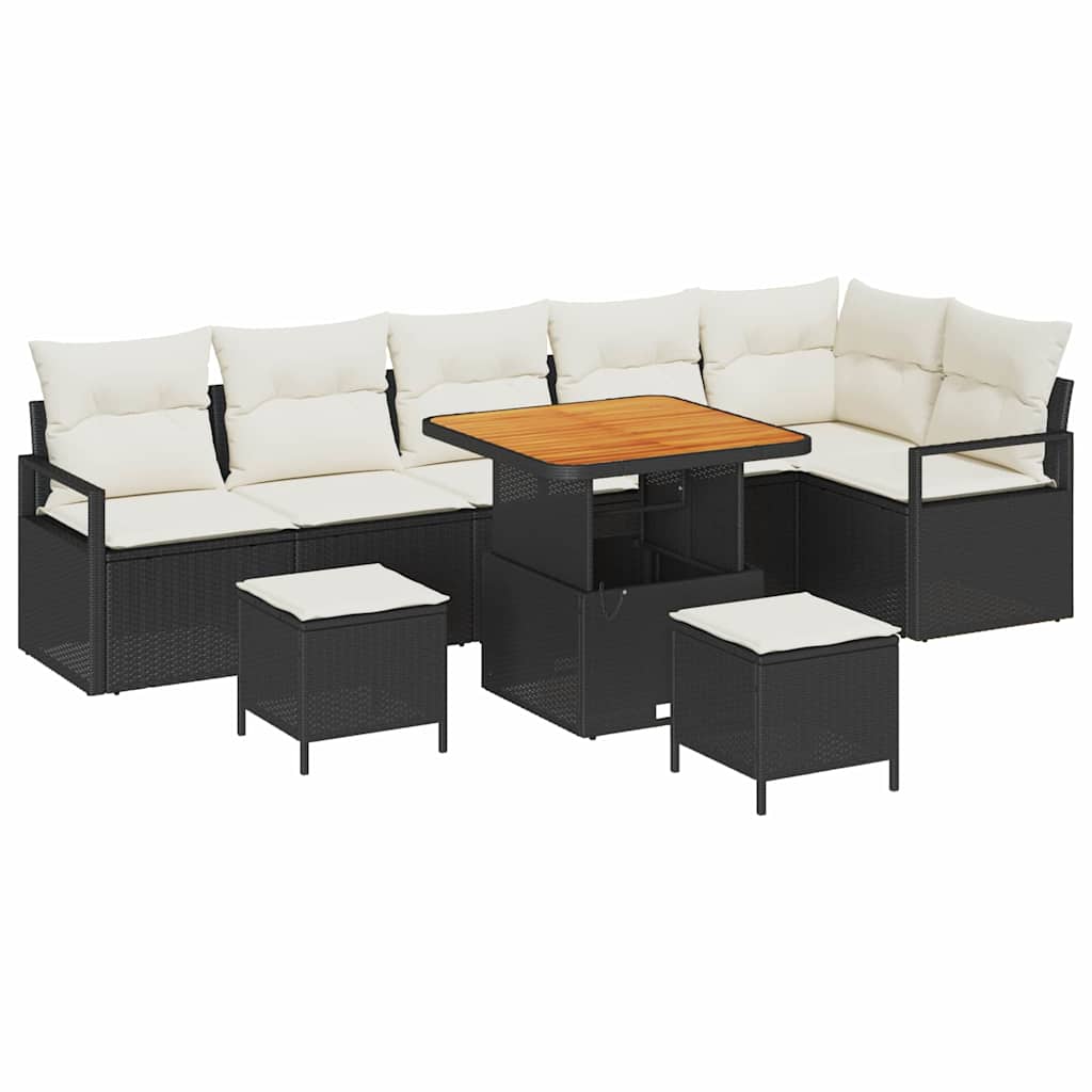 Havesofa Sæt med pude 9 pcs Sort Poly rattan