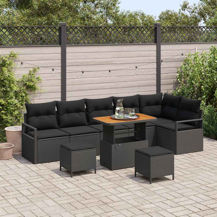 Havesofa Sæt med pude 9 pcs Sort Poly rattan