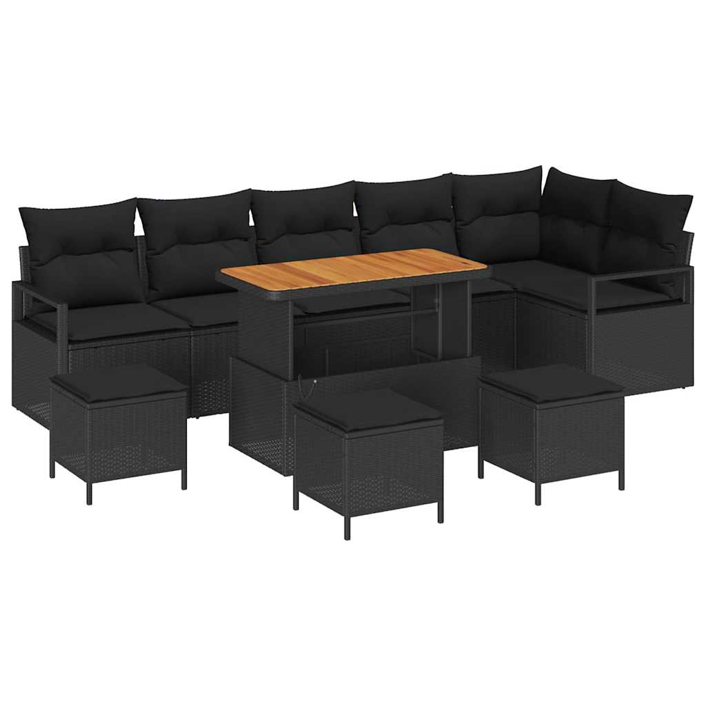 Havesofa Sæt med pude 10 pcs Sort Poly rattan
