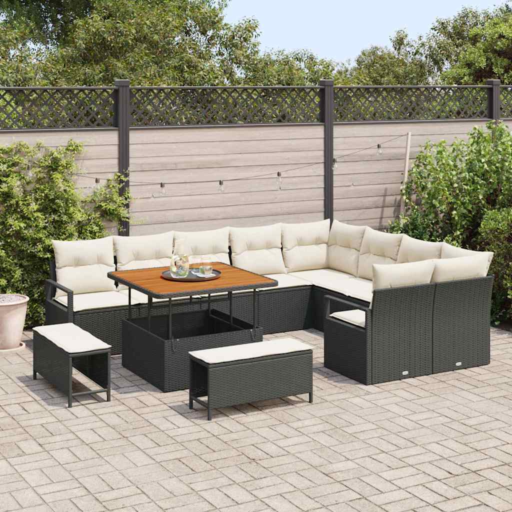 Havesofa Sæt med pude 12 pcs Sort polyrattan