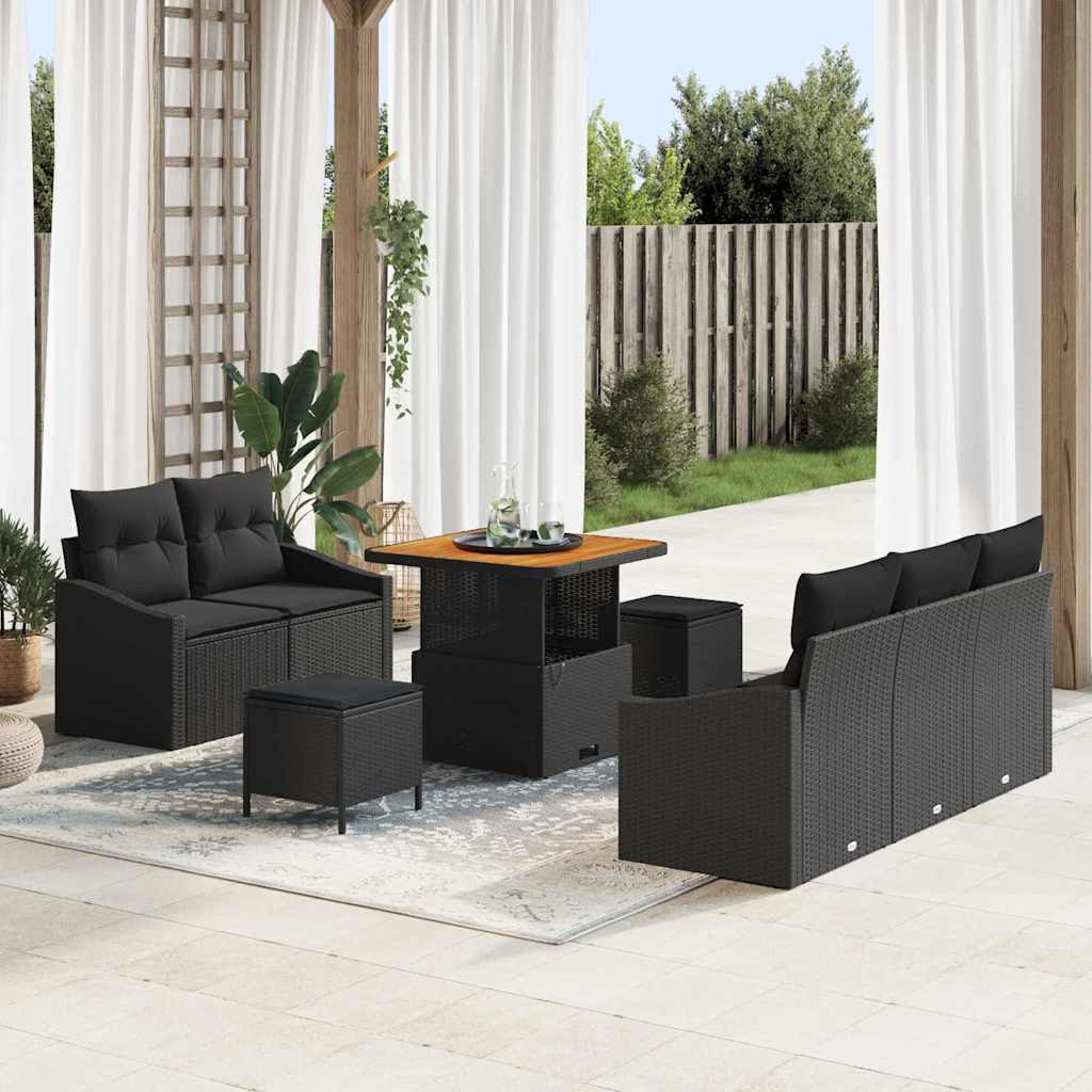 Havesofa Sæt med pude 8 pcs Sort polyrattan