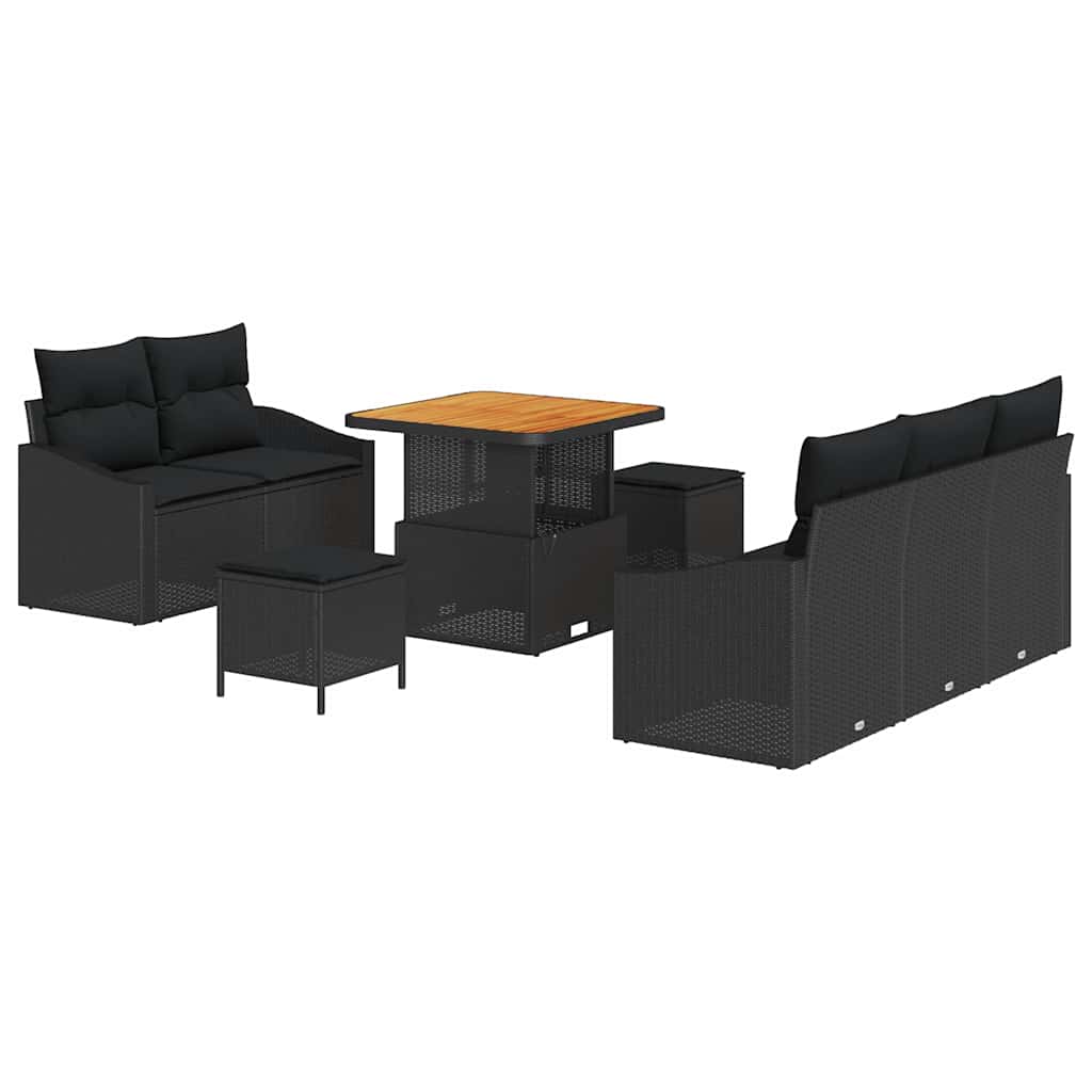 Havesofa Sæt med pude 8 pcs Sort polyrattan