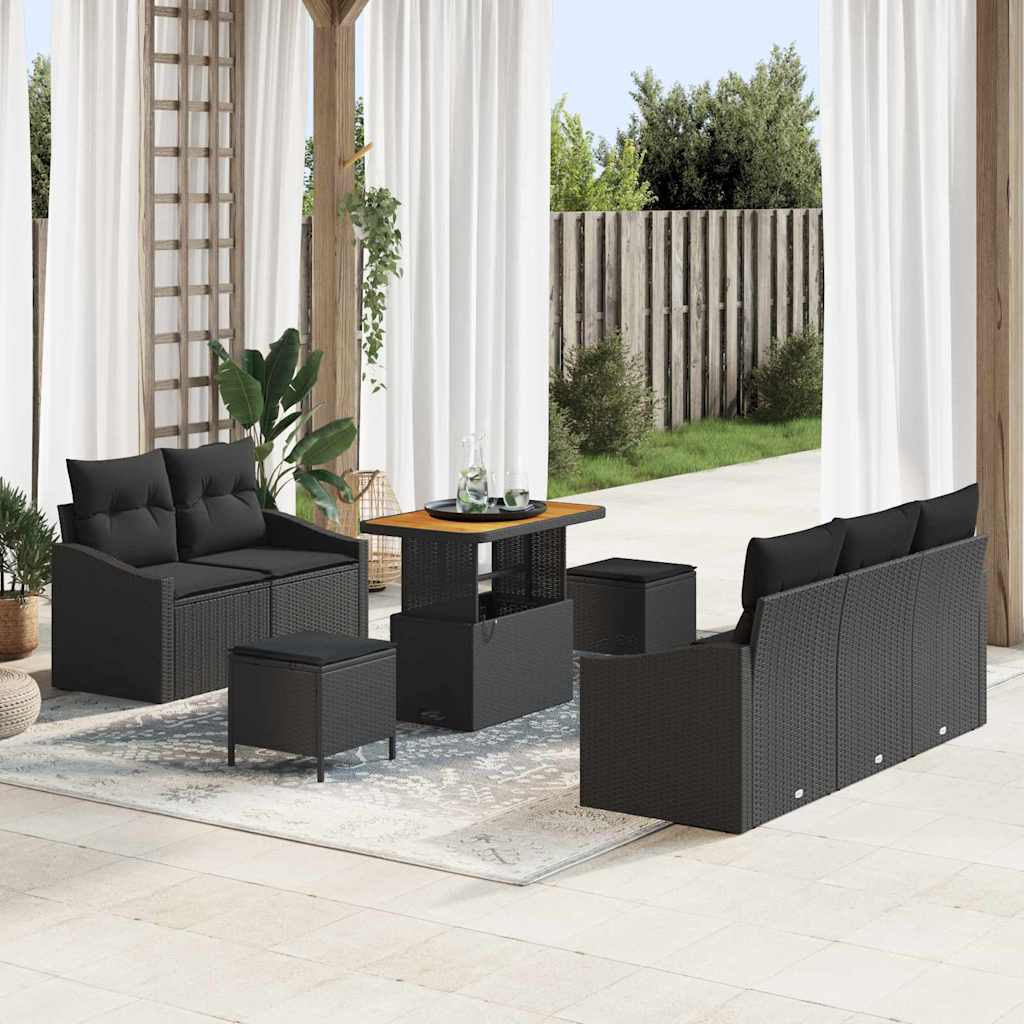 Havesofa Sæt med pude 8 pcs Sort polyrattan