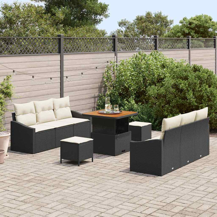Havesofa Sæt med pude 9 pcs Sort polyrattan