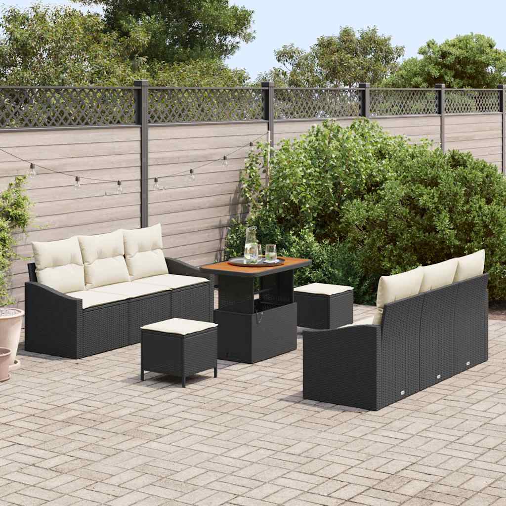 Havesofa Sæt med pude 9 pcs Sort polyrattan