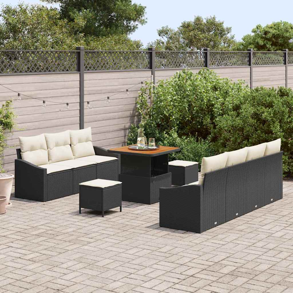 Havesofa Sæt med pude 10 pcs Sort polyrattan