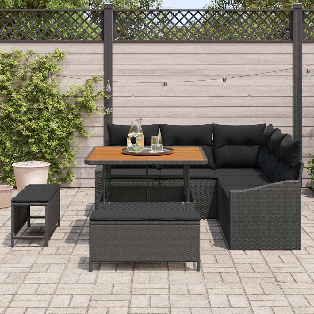 Havesofa Sæt med pude 8 pcs Sort polyrattan