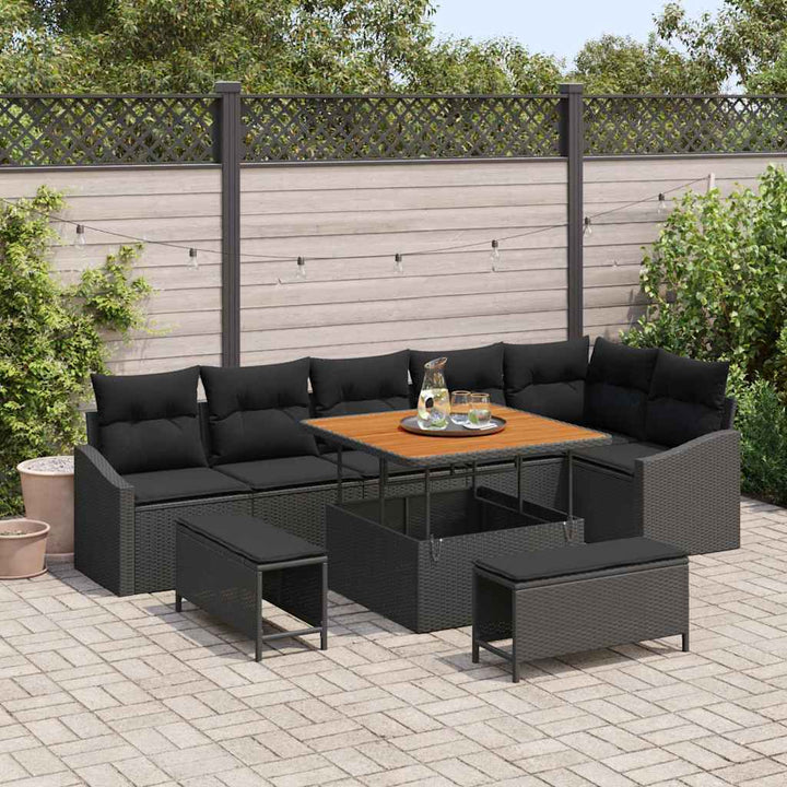 Havesofa Sæt med pude 9 pcs Sort polyrattan