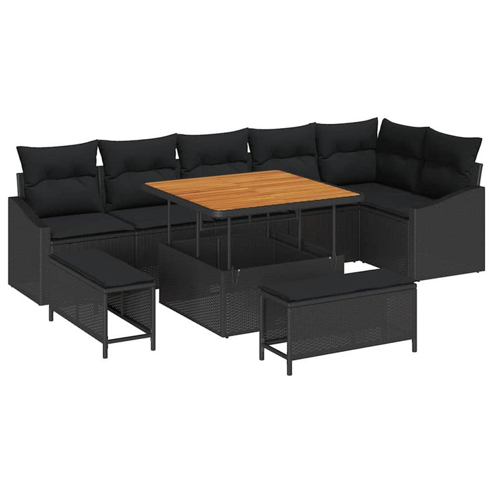 Havesofa Sæt med pude 9 pcs Sort polyrattan