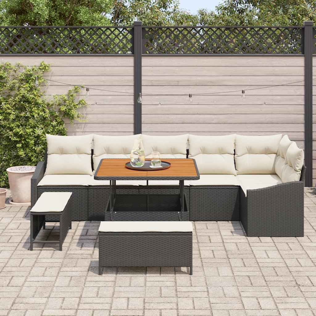 Havesofa Sæt med pude 9 pcs Sort polyrattan