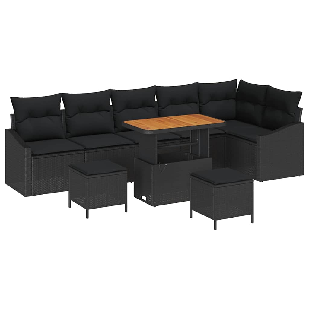 Havesofa Sæt med pude 9 pcs Sort polyrattan