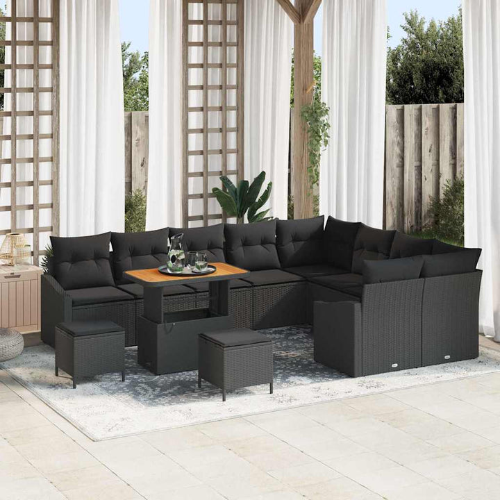 Havesofa Sæt med pude 12 pcs Sort polyrattan