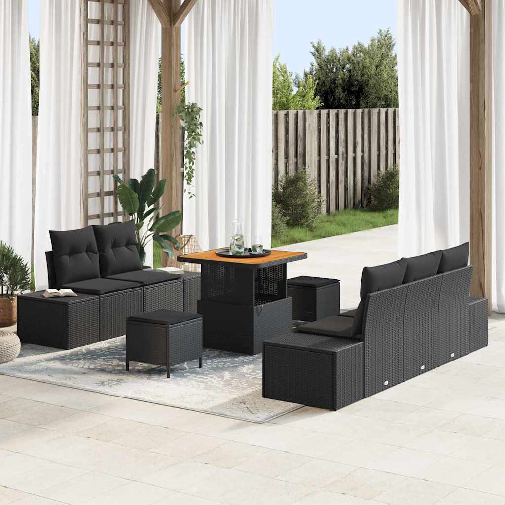 Havesofa Sæt med pude 8 pcs Sort polyrattan