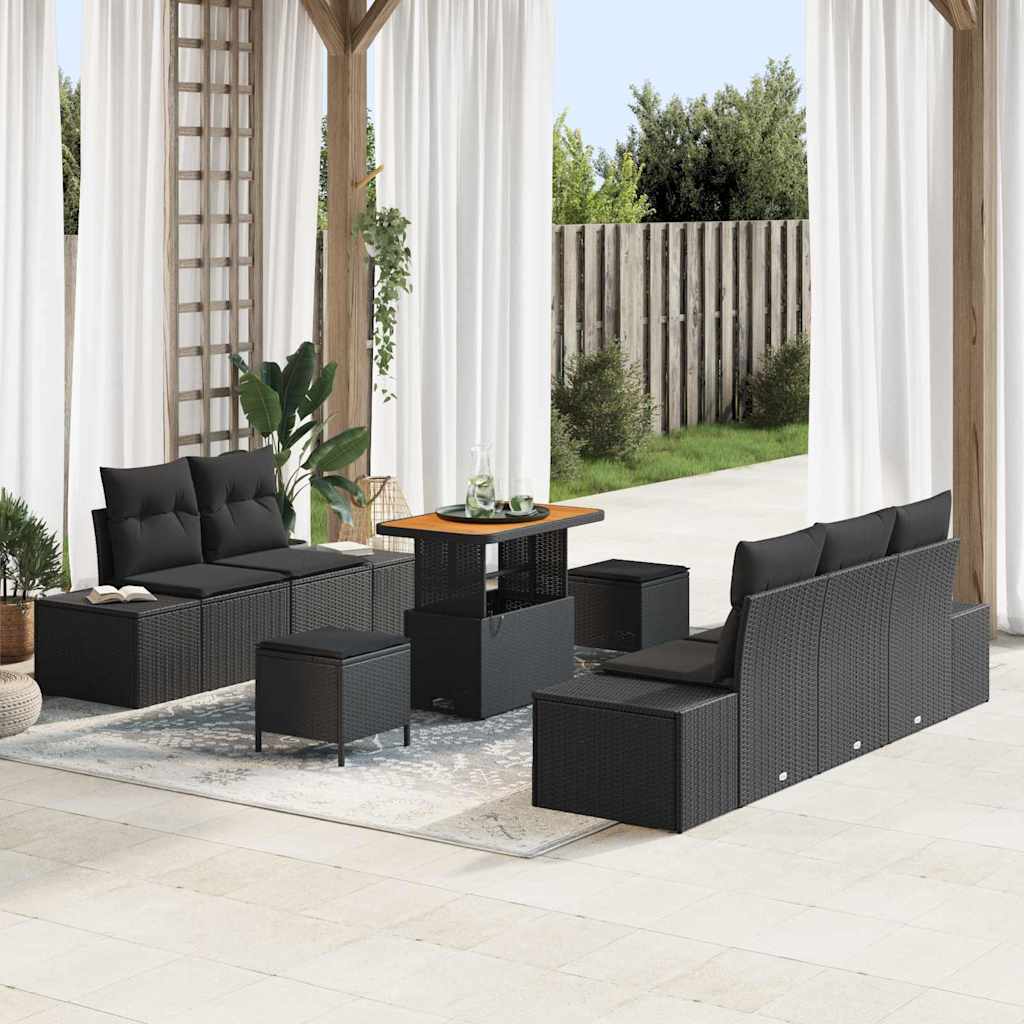 Havesofa Sæt med pude 8 pcs Sort polyrattan