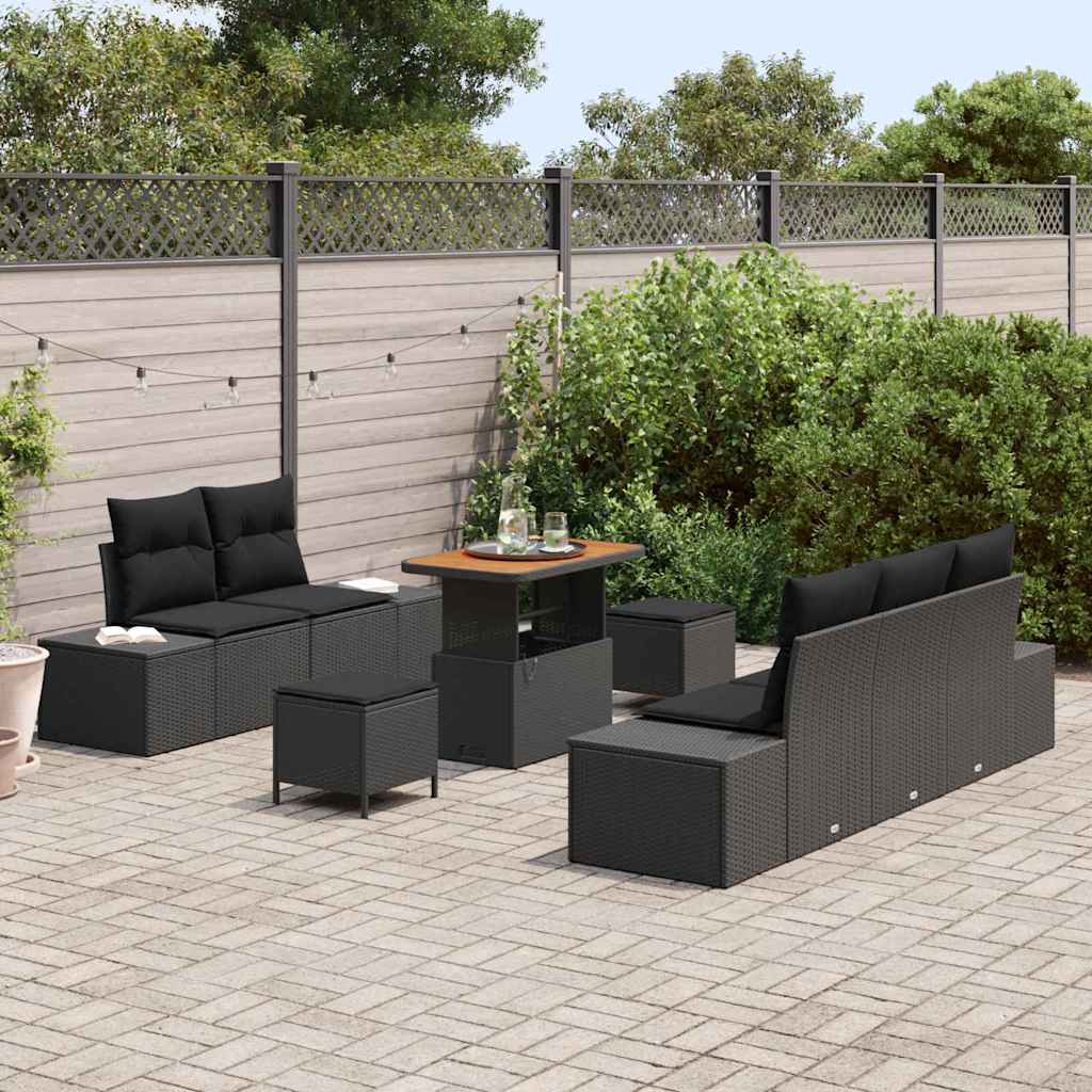 Havesofa Sæt med pude 8 pcs Sort polyrattan