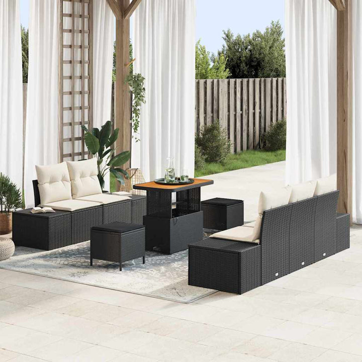 Havesofa Sæt med pude 8 pcs Sort polyrattan
