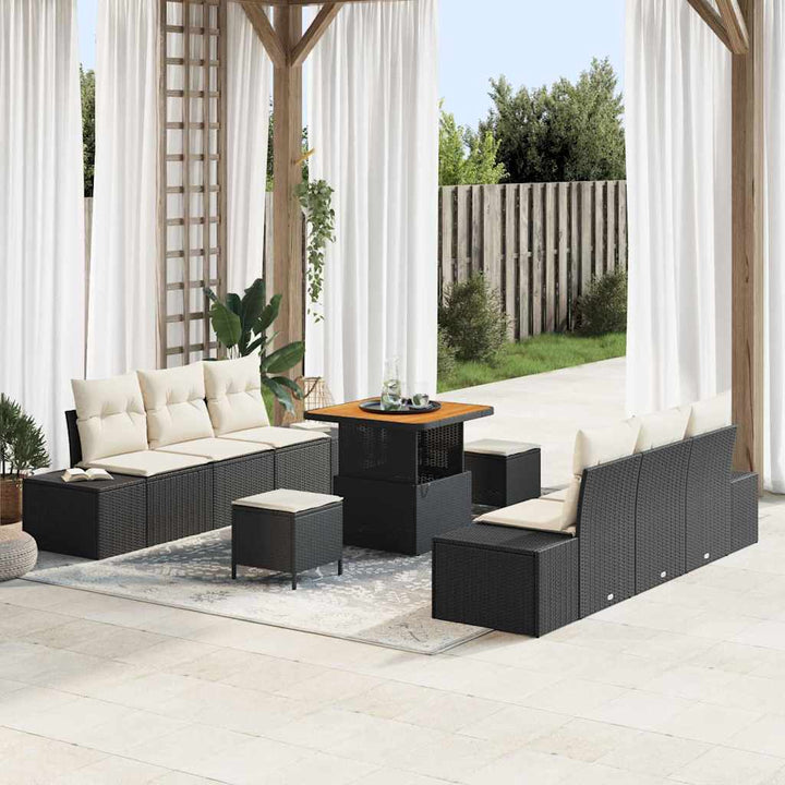 Havesofa Sæt med pude 9 pcs Sort polyrattan