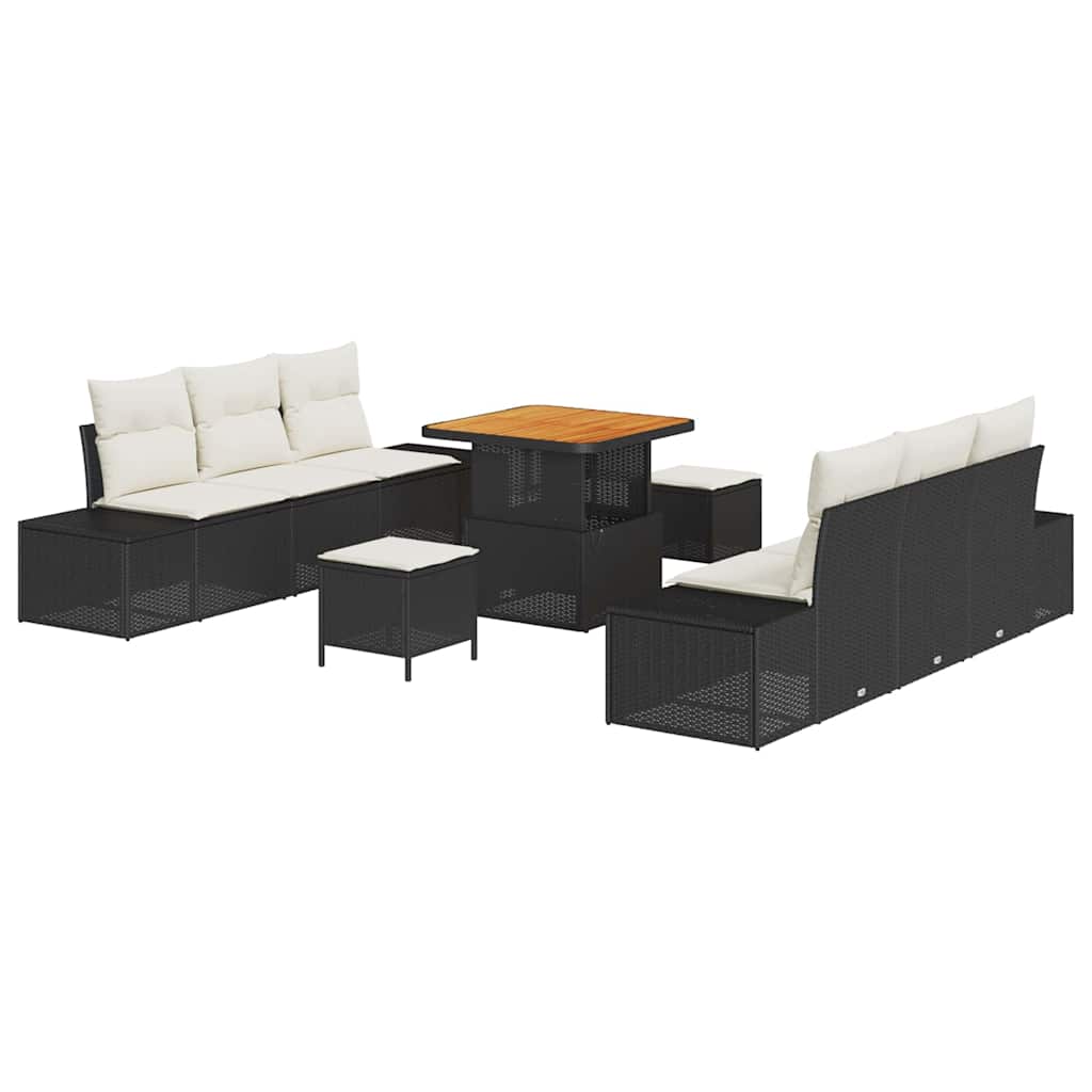 Havesofa Sæt med pude 9 pcs Sort polyrattan