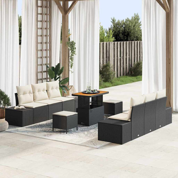 Havesofa Sæt med pude 9 pcs Sort polyrattan