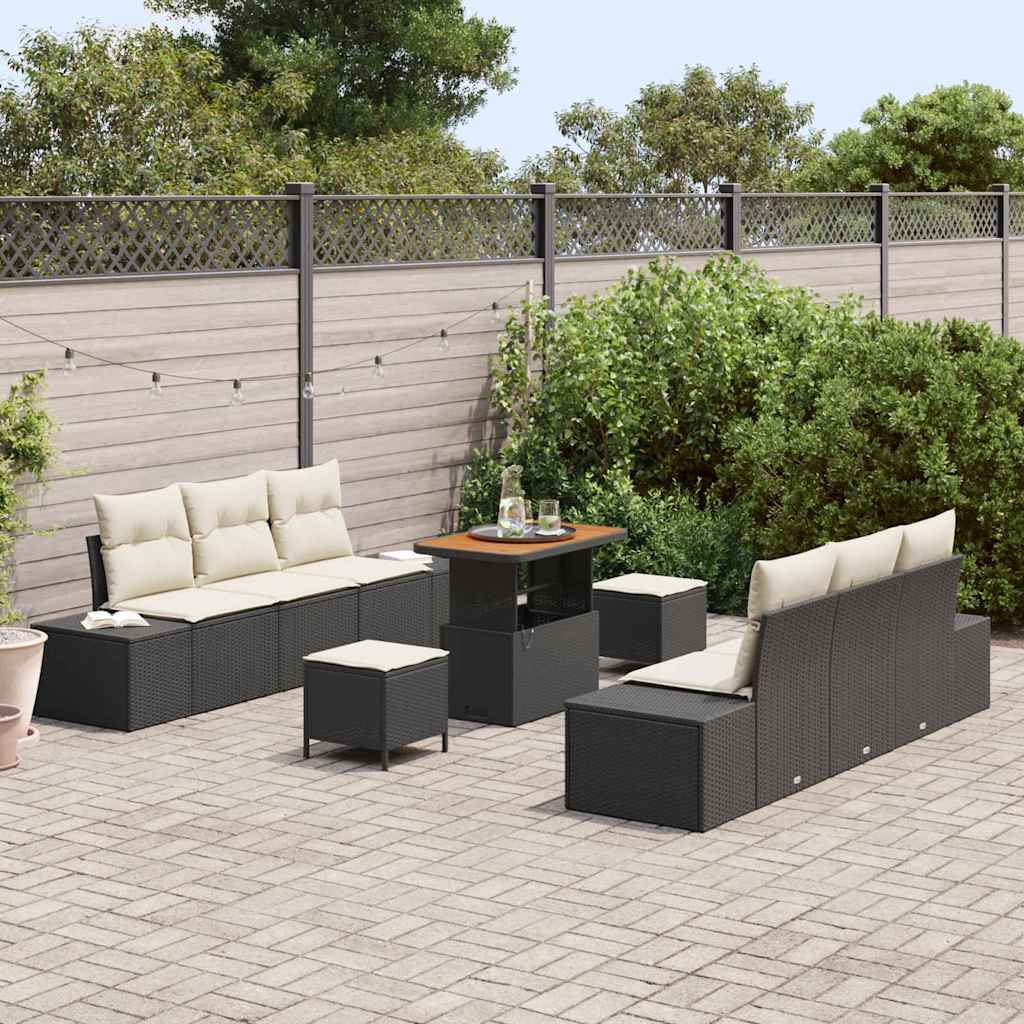 Havesofa Sæt med pude 9 pcs Sort polyrattan
