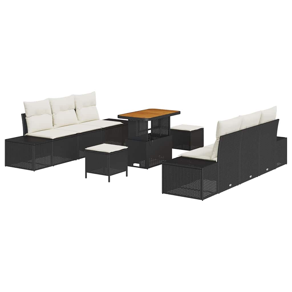 Havesofa Sæt med pude 9 pcs Sort polyrattan
