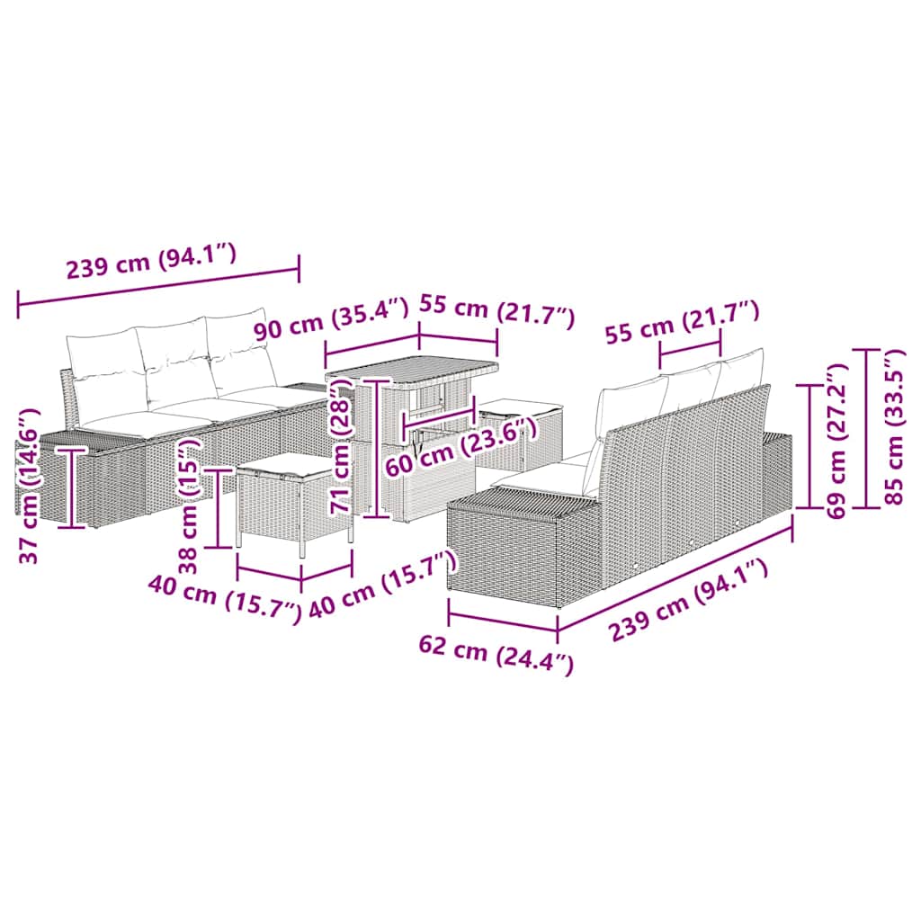 Havesofa Sæt med pude 9 pcs Beige polyrattan