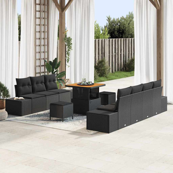 Havesofa Sæt med pude 10 pcs Sort polyrattan