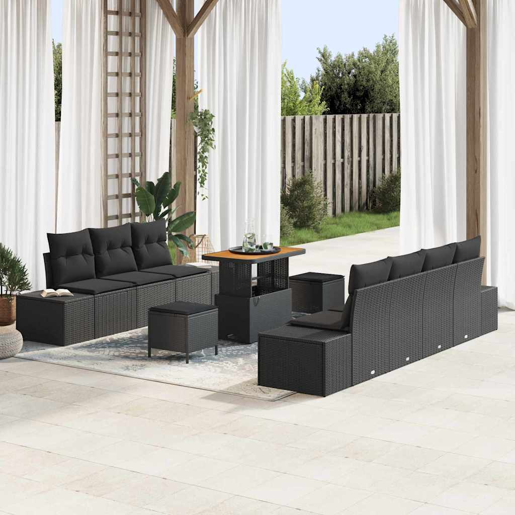Havesofa Sæt med pude 10 pcs Sort polyrattan