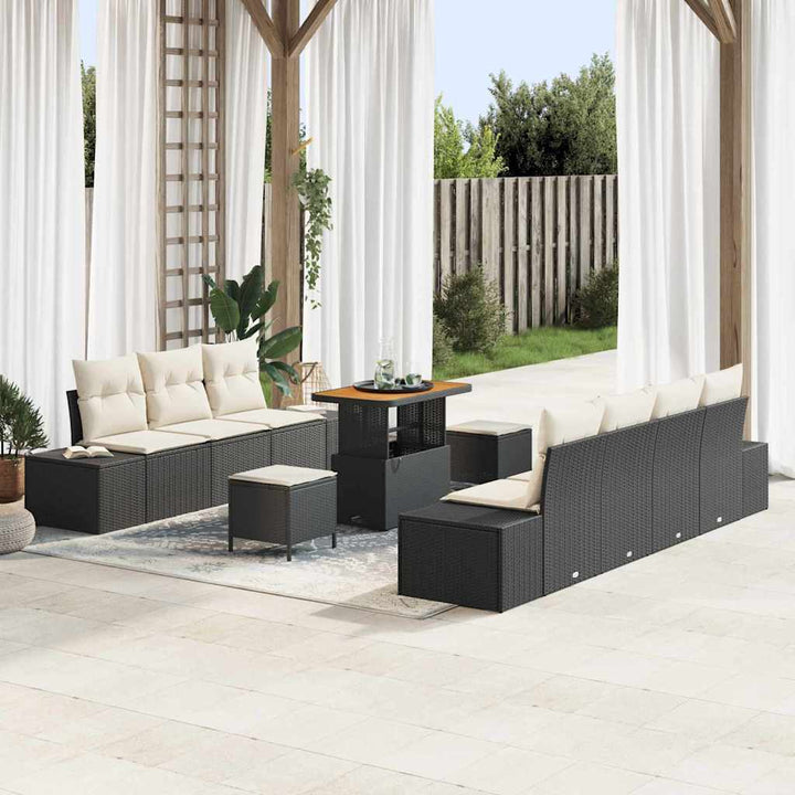 Havesofa Sæt med pude 10 pcs Sort polyrattan