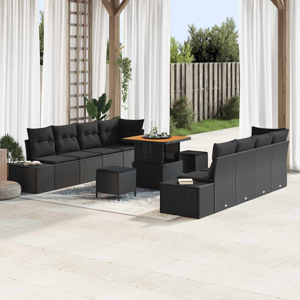 Havesofa Sæt med pude 11 pcs Sort polyrattan