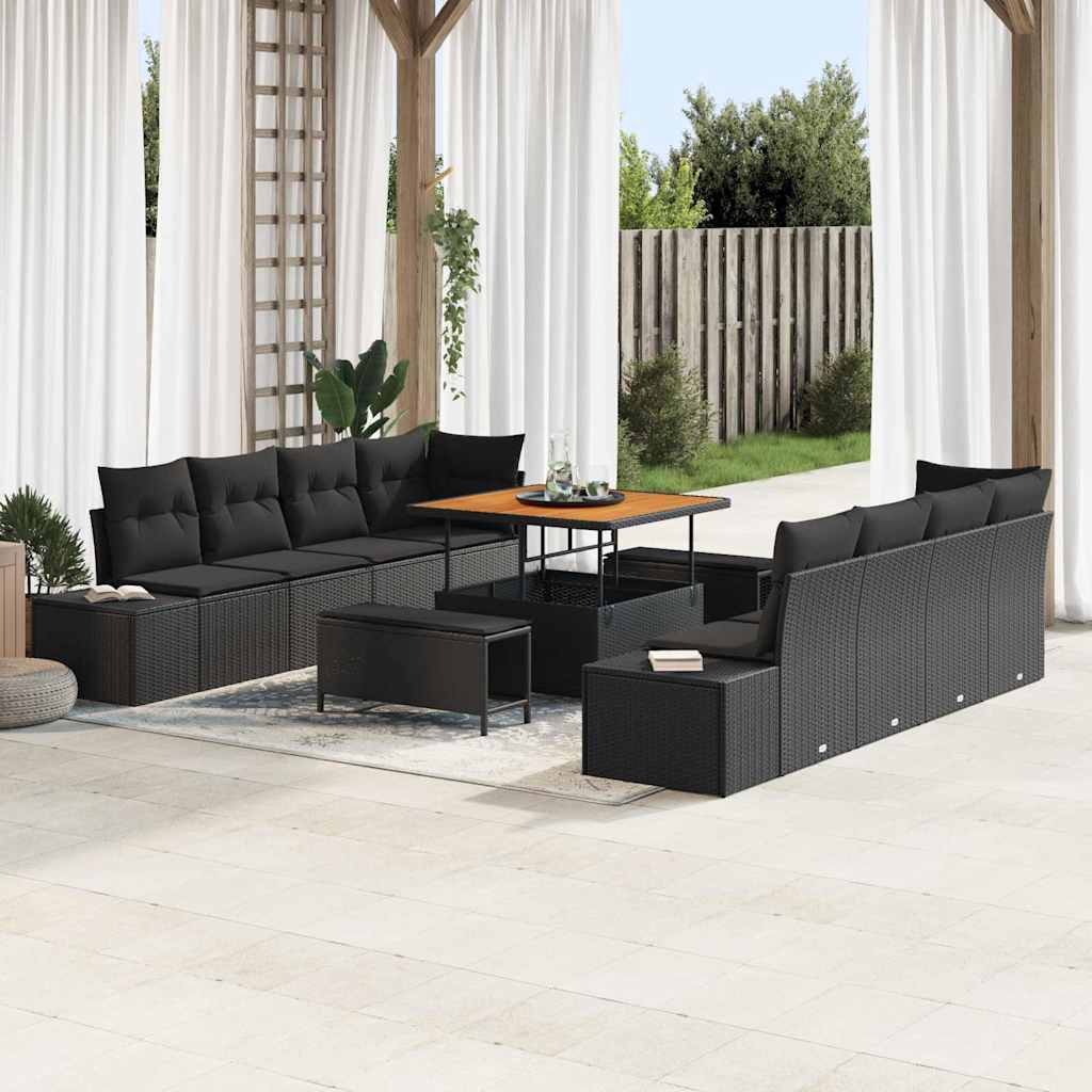 Havesofa Sæt med pude 11 pcs Sort polyrattan