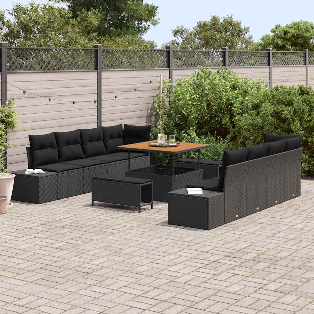 Havesofa Sæt med pude 11 pcs Sort polyrattan