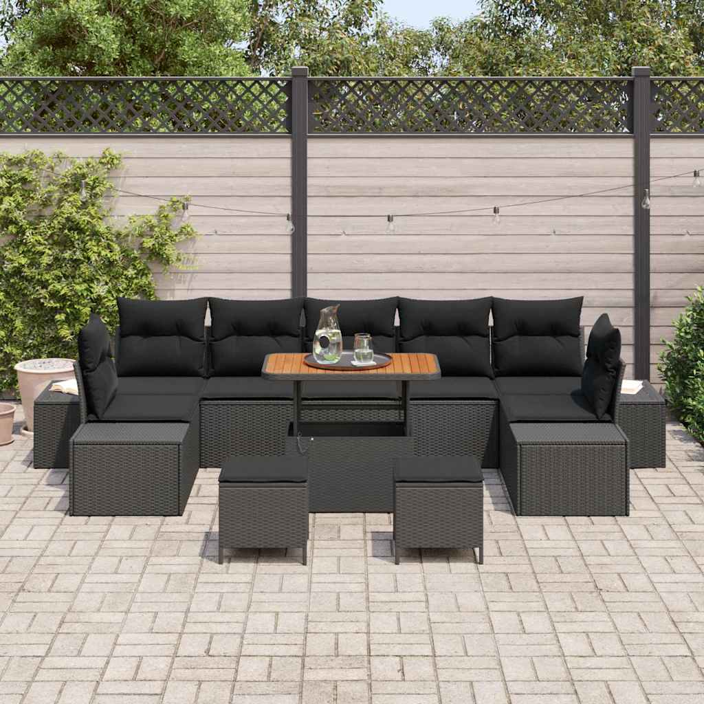 Havesofa Sæt med pude 10 pcs Sort polyrattan