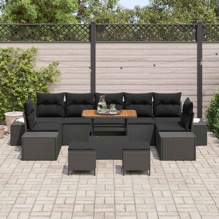 Havesofa Sæt med pude 10 pcs Sort polyrattan