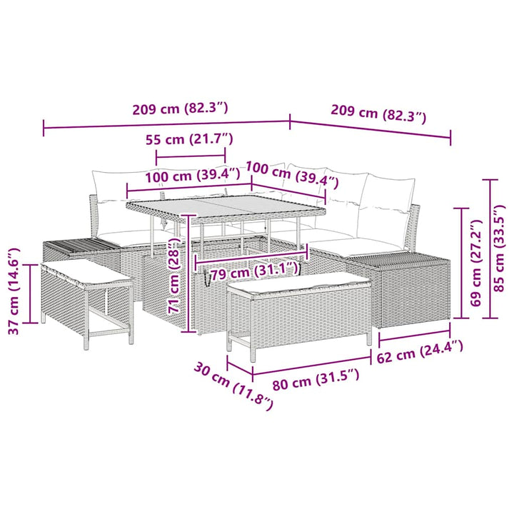 Havesofa Sæt med pude 8 pcs Beige polyrattan