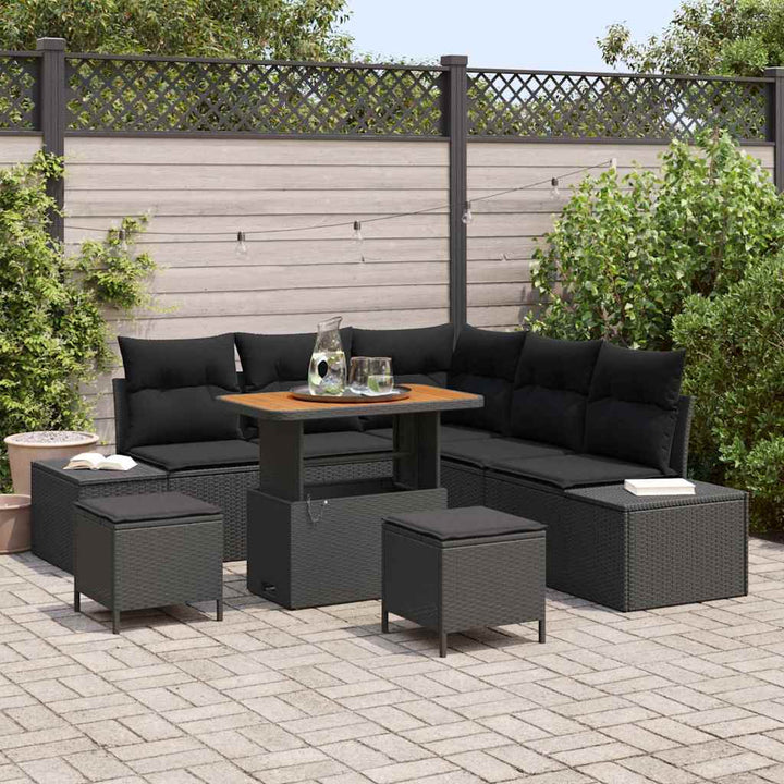 Havesofa Sæt med pude 8 pcs Sort polyrattan